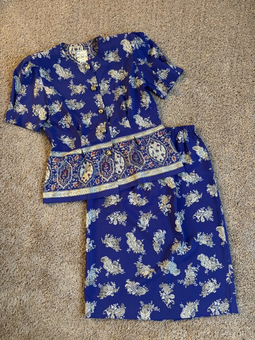 Vintage Coord Set Womens 12 Blue Violet Paisley Scarf Print Made in USA